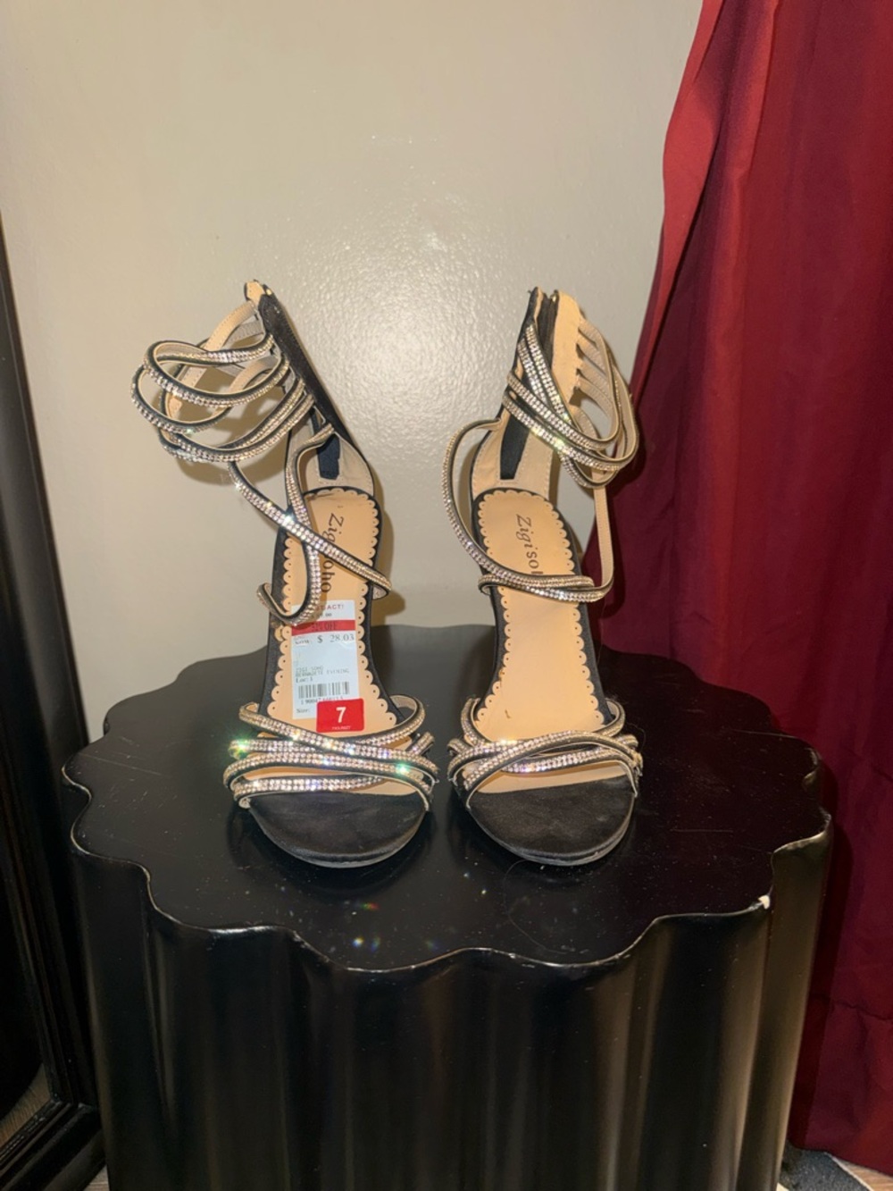Strappy Rhinestone Ankle-Wrap Heels in Black - Size 7